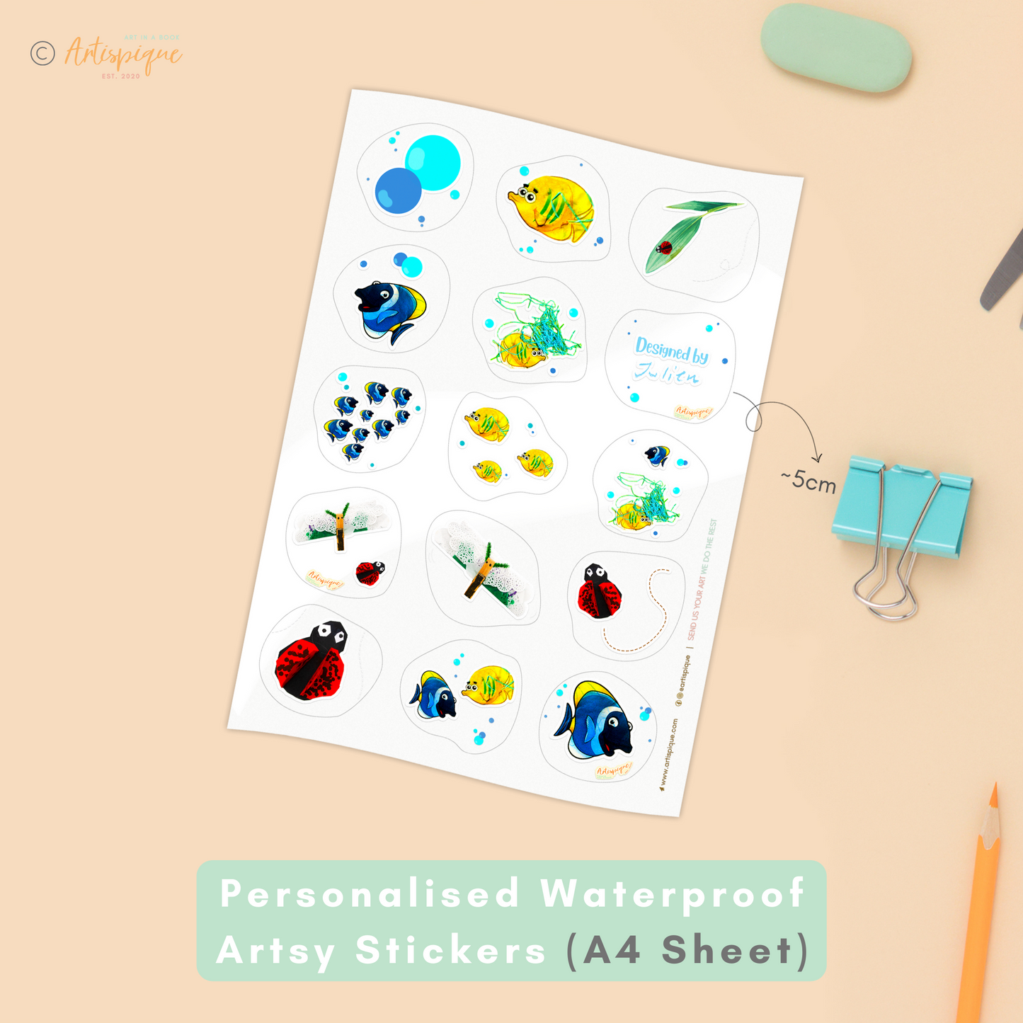 Personalised Waterproof Artsy Stickers - Set of 2 pcs of A4 sheet (30 stickers)